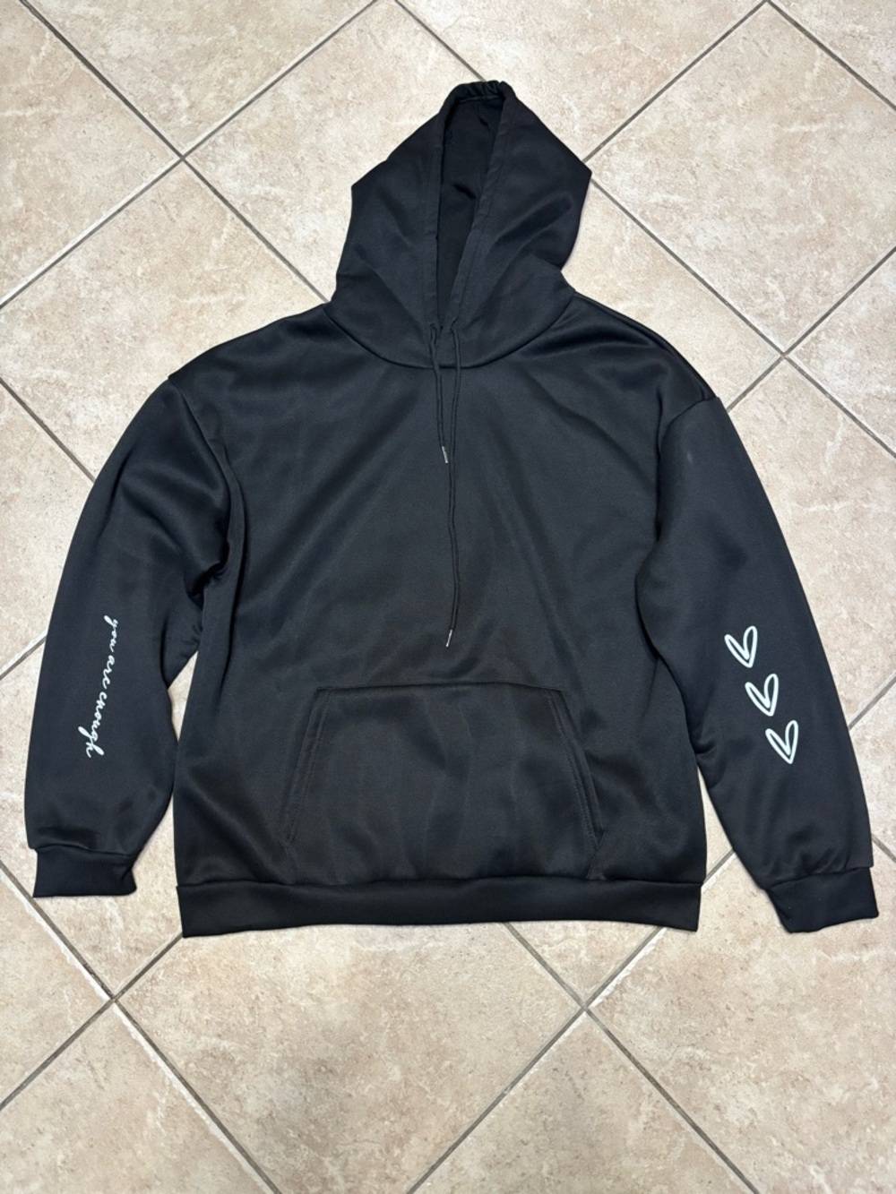 Black Hoodie with Heart Sleeve Graphics